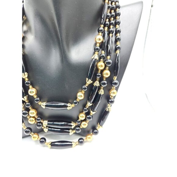 Vintage quadruple strand Black Agate and Gold beaded Made in Japan Necklace 1940 - Picture 6 of 7